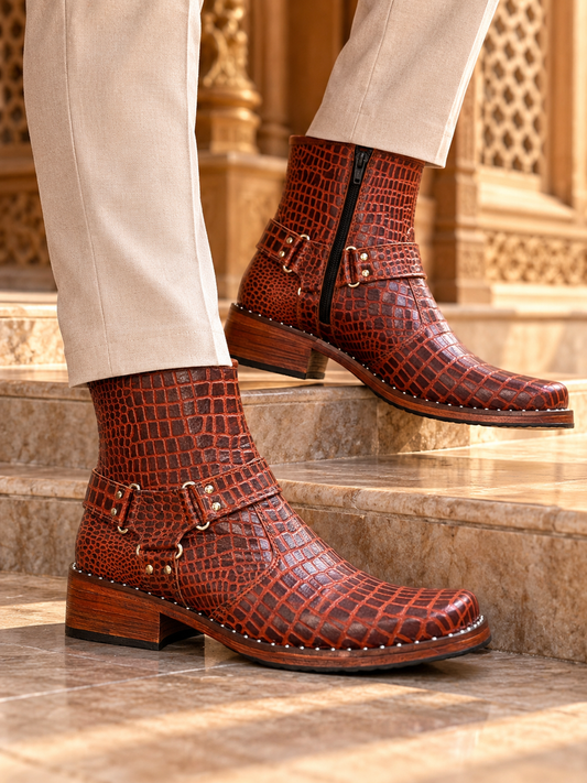 Royal Cognac Crocodile-Texture Leather Ankle Boots