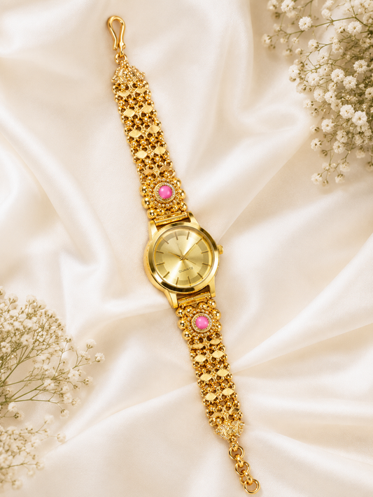Elegant Gold-Tone Floral Link Women’s Watch