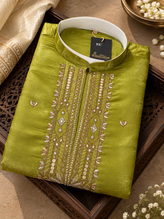 Olive Green Zari Embroidered Silk Kurta Set
