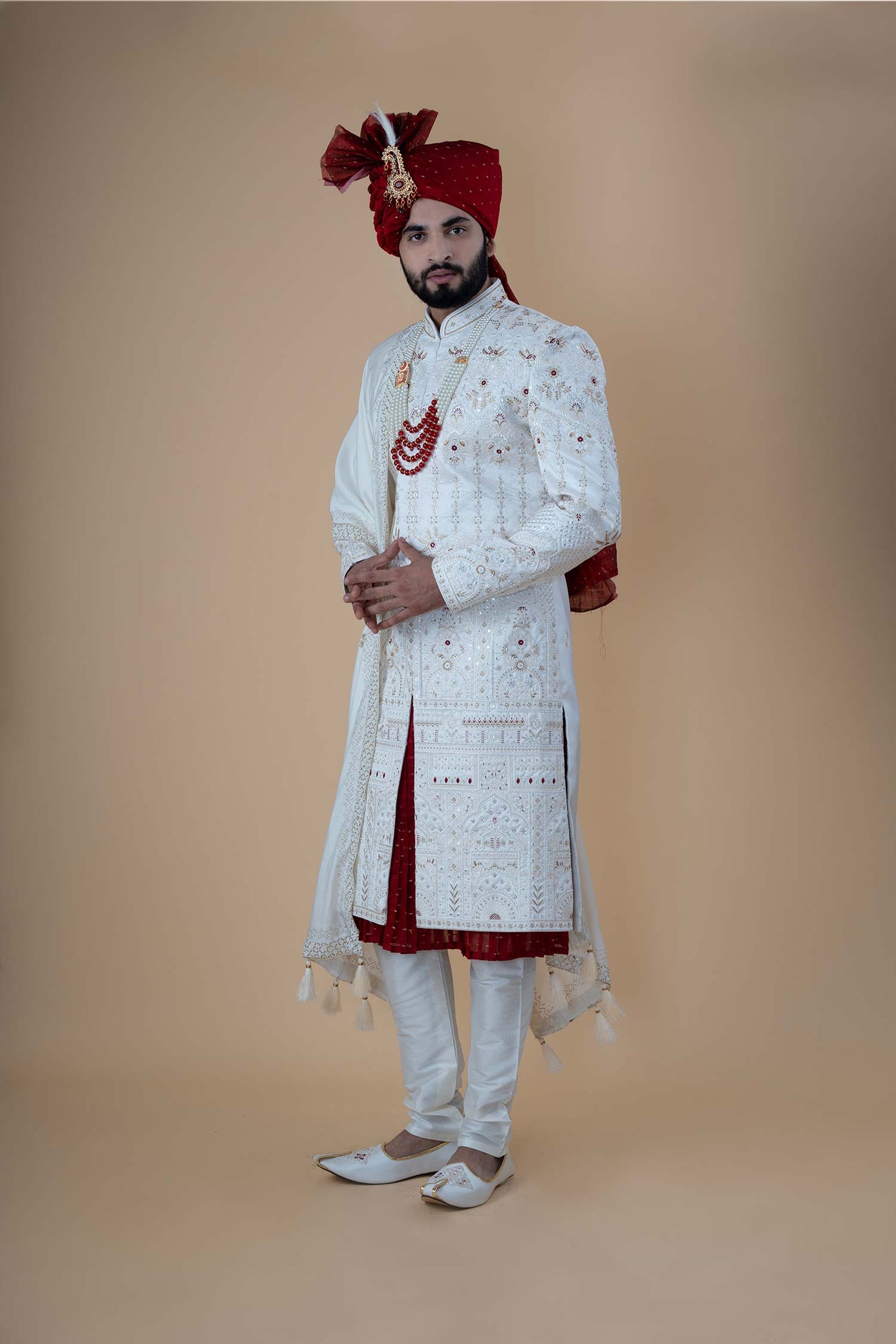 Ivory Royal Embroidered Sherwani with Red Accents and Dupatta
