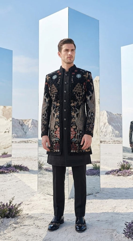 Royal Black Embroidered Indo-Western Sherwani