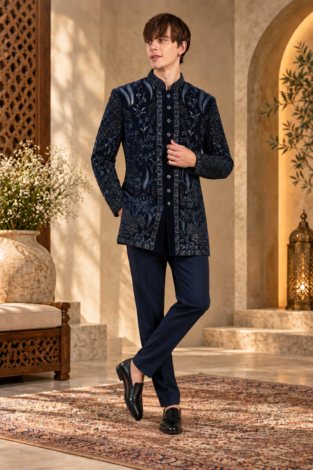 Midnight Navy Luxe Embroidered Indo-Western Set for Men