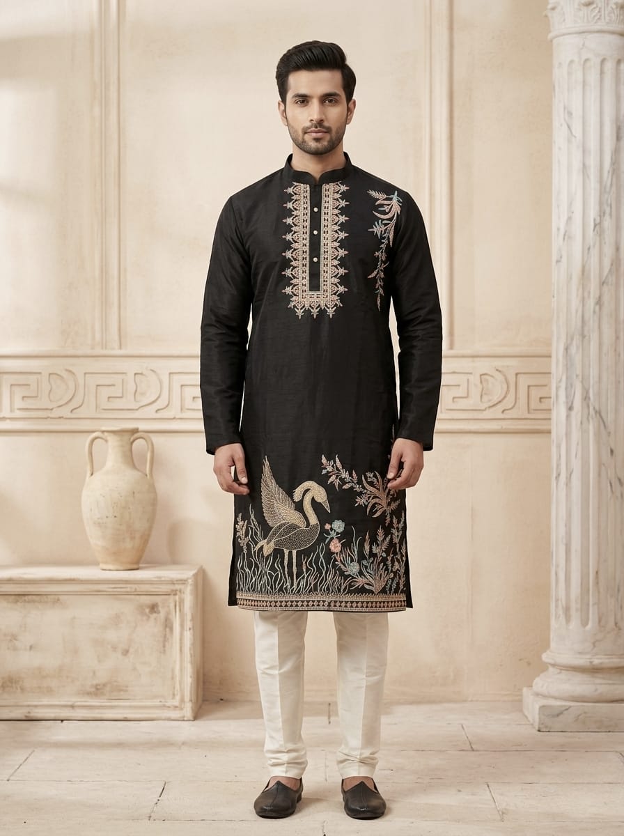 The Crane Symphony Kurta in Onyx Black