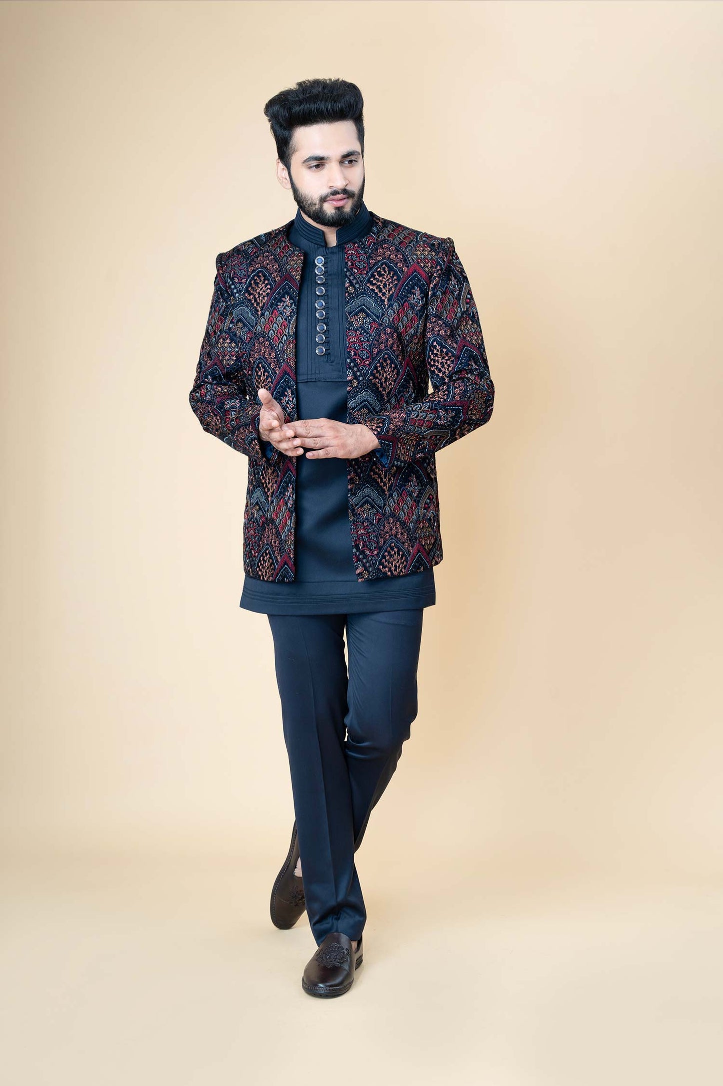 Midnight Blue Indo-Western Set with Multicolor Embroidered Jacket
