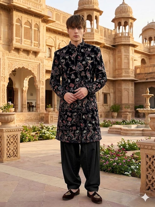 The Royal Crane Velvet Achkan