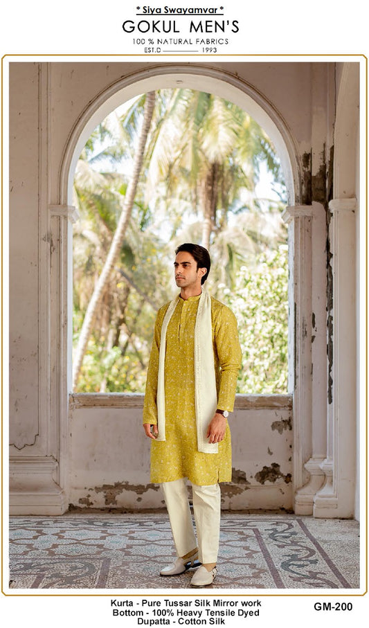 Royal Mustard Tussor Silk Kurta Set with Stole (MIROR WORK)