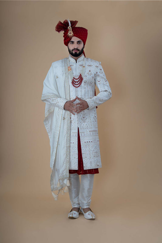 Ivory Royal Embroidered Sherwani with Red Accents and Dupatta