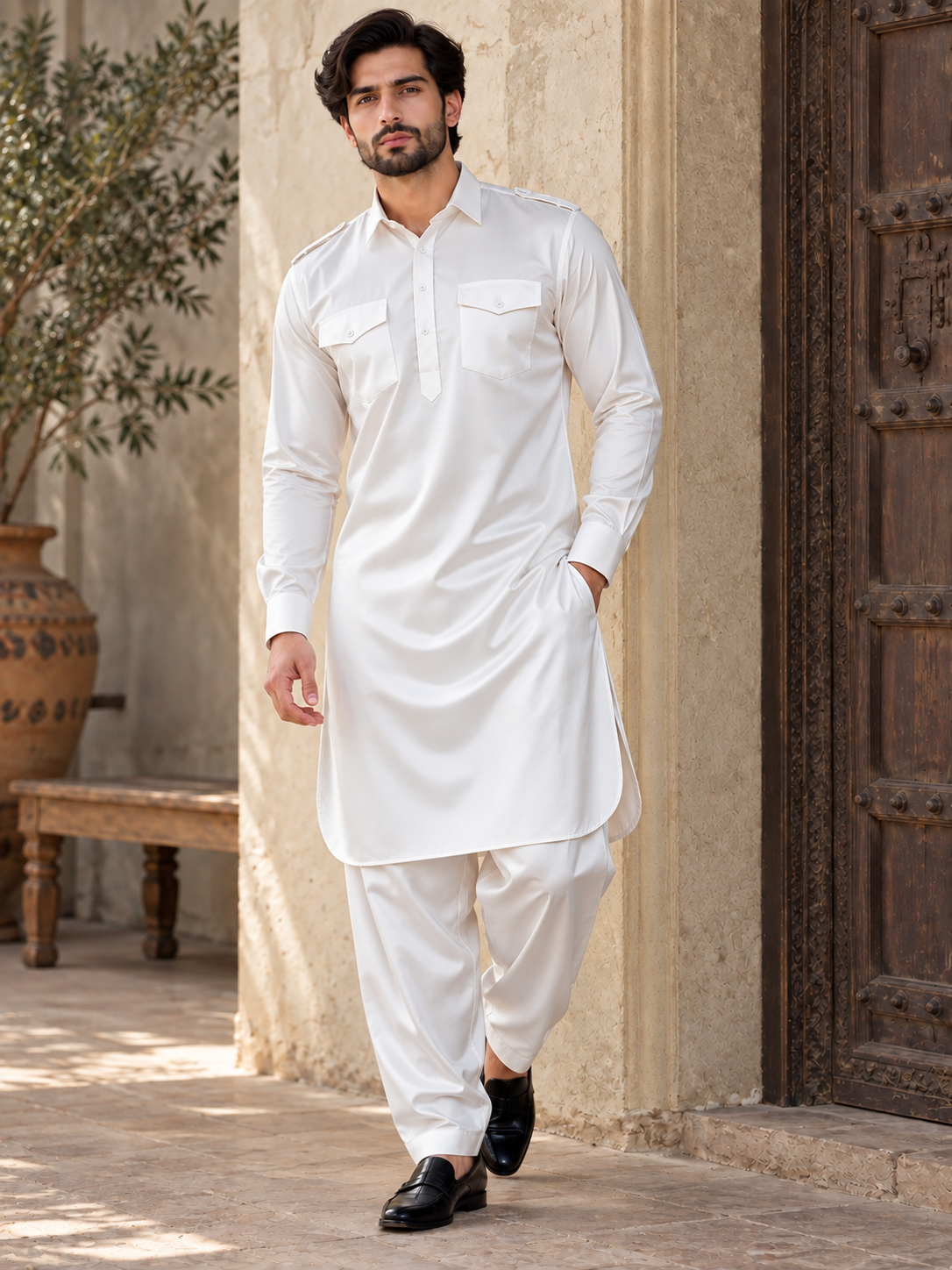 Royal White Cotton Satin Pathani Suit Set