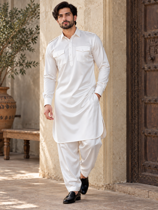 Royal White Cotton Satin Pathani Suit Set