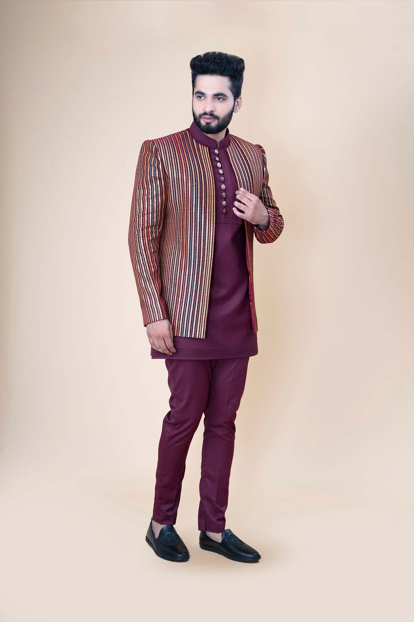 Maroon Royal Striped Indo-Western Sherwani