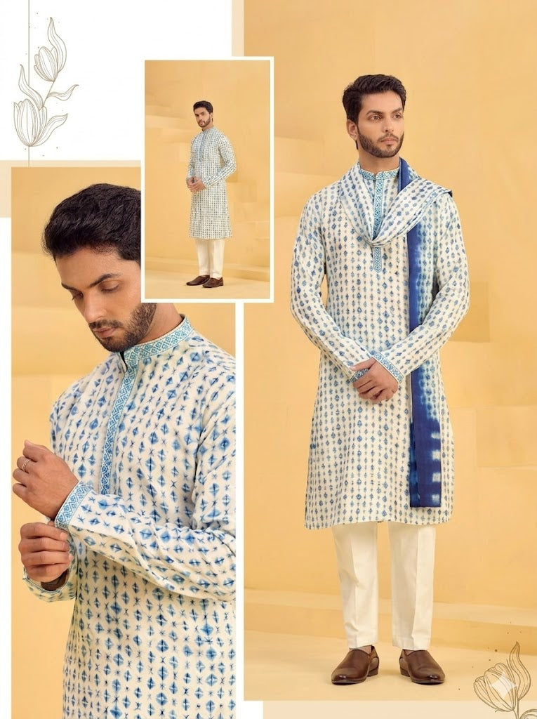 The Cobalt Mosaic Kurta with Shibori-Inspired Stole
