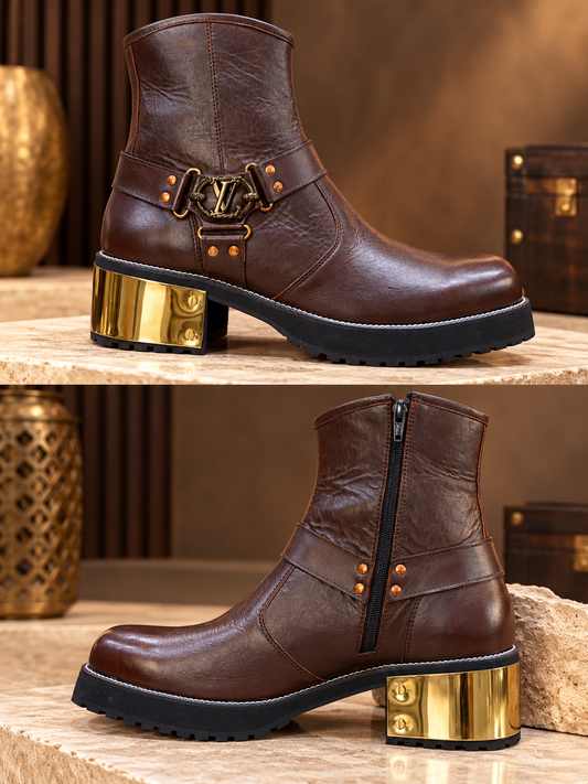Royal Espresso Gold-Heel Leather Ankle Boots