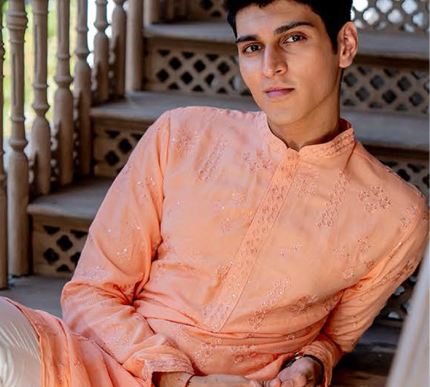 Peach Blossom Linen Silk Kurta Set