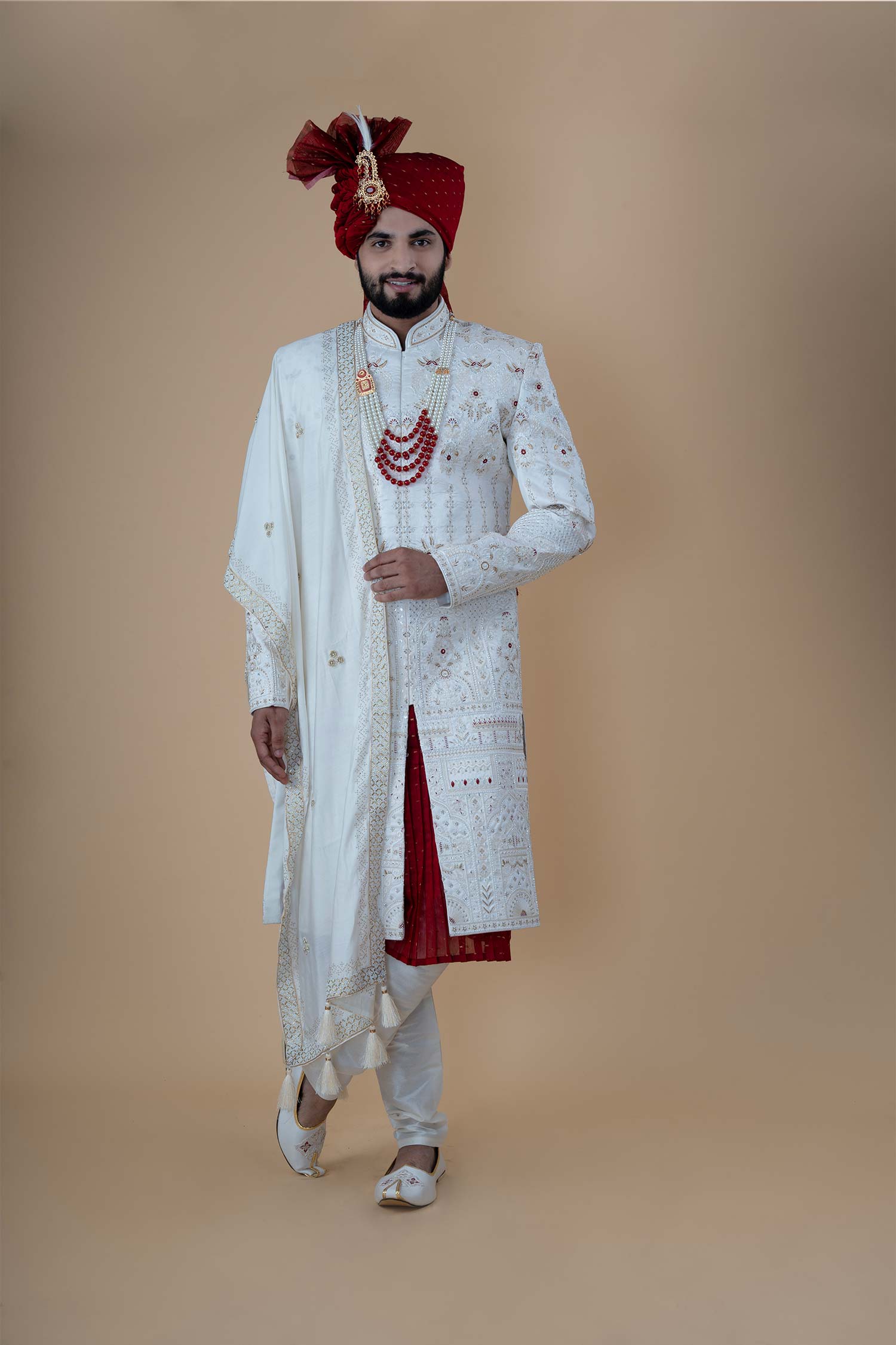 Ivory Royal Embroidered Sherwani with Red Accents and Dupatta