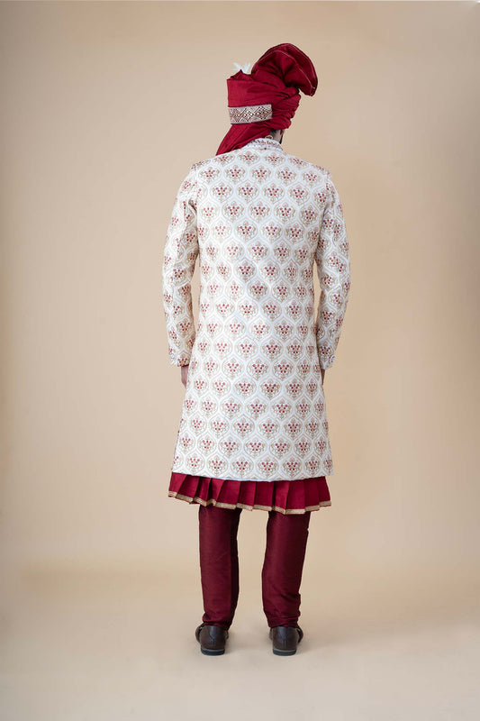 Imperial Maroon & Cream Embroidered Groom Sherwani Set