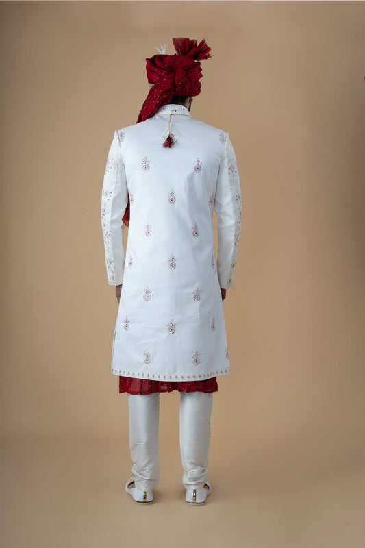 Regal Ivory Embroidered Wedding Sherwani with Maroon Accents