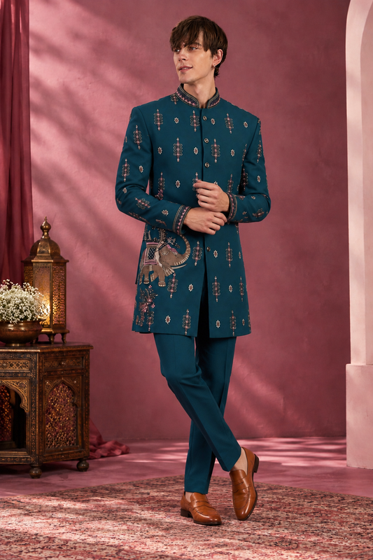 Teal Maharaja Elephant Motif Embroidered Indo-Western Set for Men