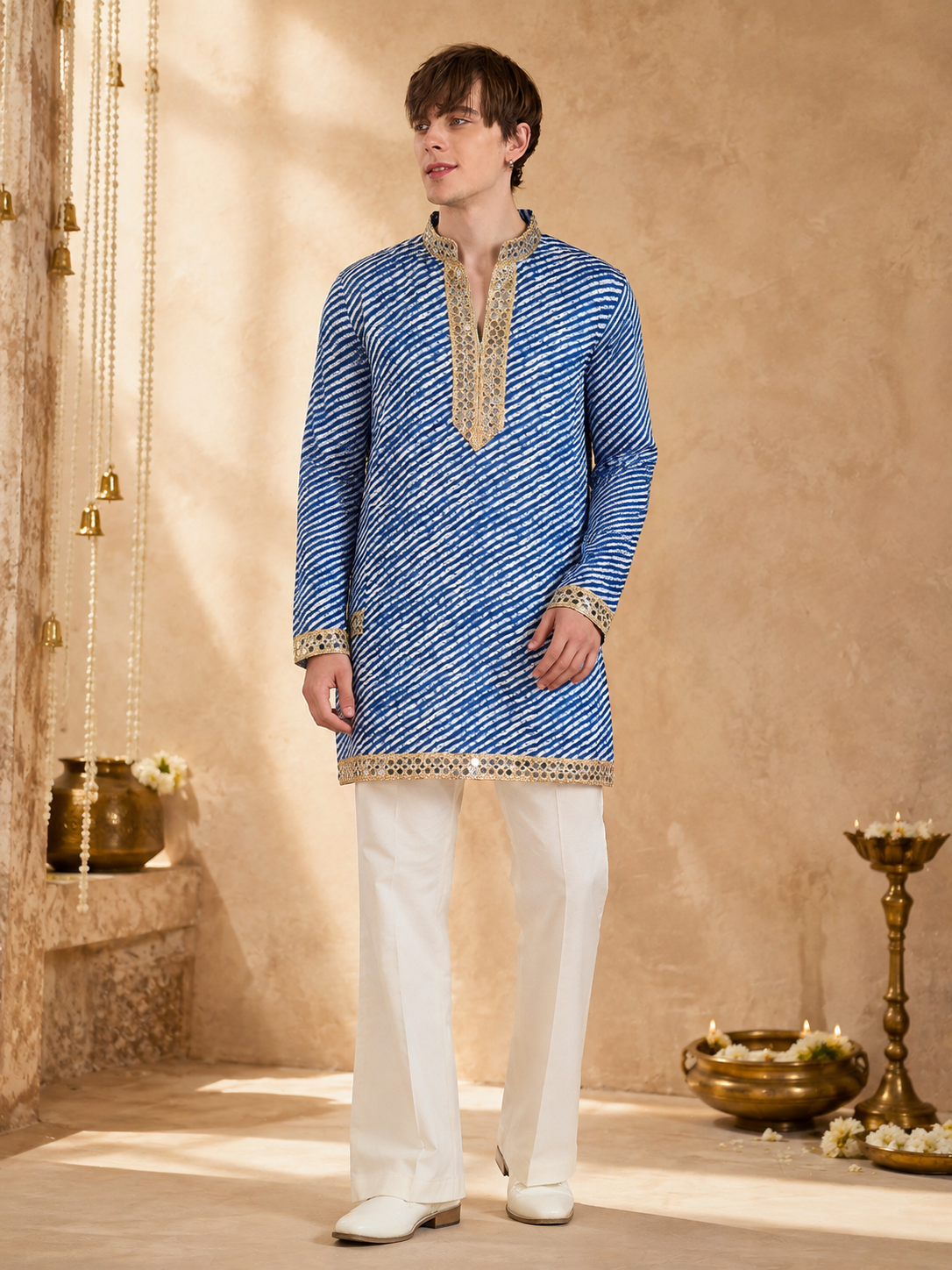 Royal Blue Striped Embroidered Kurta Pant Set