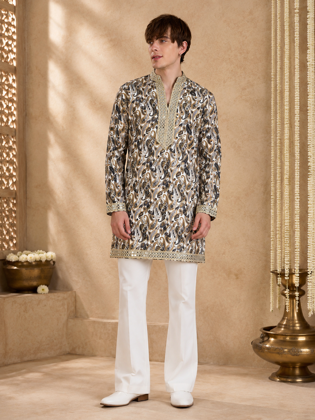 Ivory Paisley Printed Embroidered Kurta Pant Set