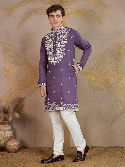 ELEGANT VIOLET FLORAL EMBROIDERY KURTA SET