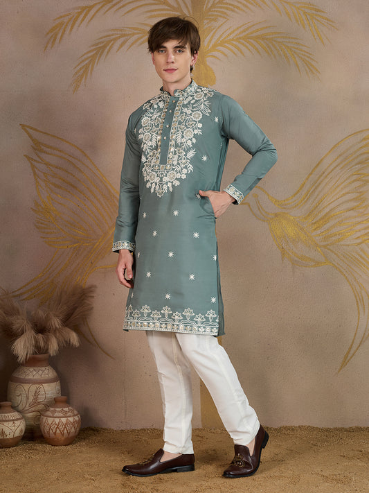 BRIGHT TEAL FLORAL EMBROIDERY KURTA SET