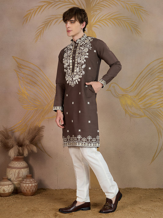 WALNUT FLORAL EMBROIDERY KURTA SET