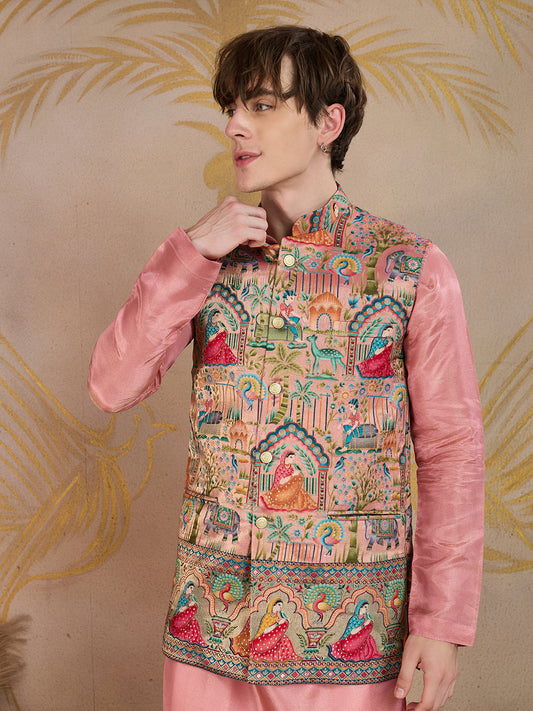 BLUSH PINK KURTA SET WITH MULTICOLOUR JEKARD NEHRU JACKET