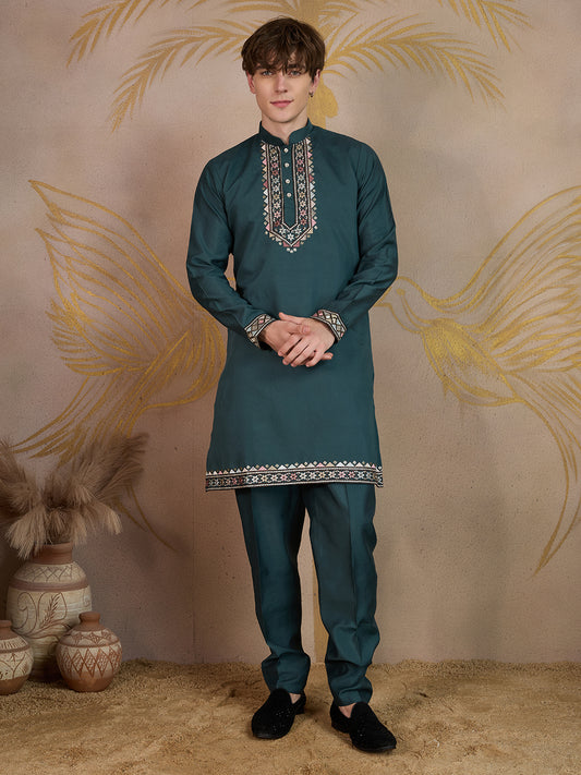 EMERALD GREEN EMBROIDERY NEHRU JACKET KURTA SET