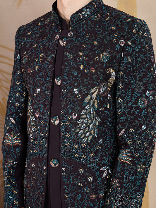GARNET WINE PEACOCK EMBROIDERED INDO-WESTERN