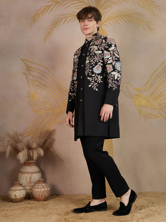 BLACK INTRICATELY FLORAL EMBROIDERY INDOWESTERN SET