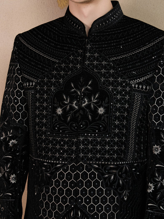 REGAL BLACK EMBROIDERED SHERWANI WITH INTRICATE DETAILING
