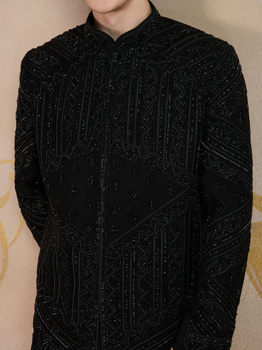 ELEGANT BLACK SHERWANI WITH GEOMETRIC BEAD EMBROIDERY WORK