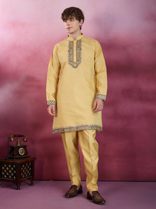 GRACE YELLOW EMBROIDERY NEHRU JACKET KURTA SET