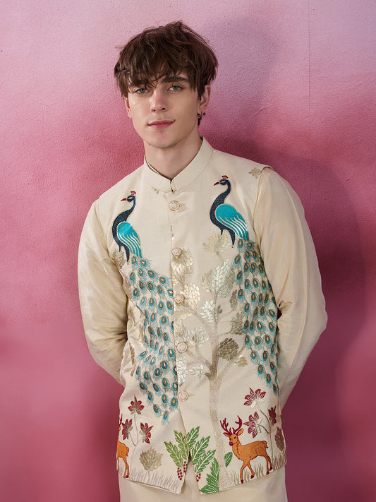 LIGHT GOLDEN TISSUE SILK EMBROIDERY PEACOCK JACKET KURTA SET