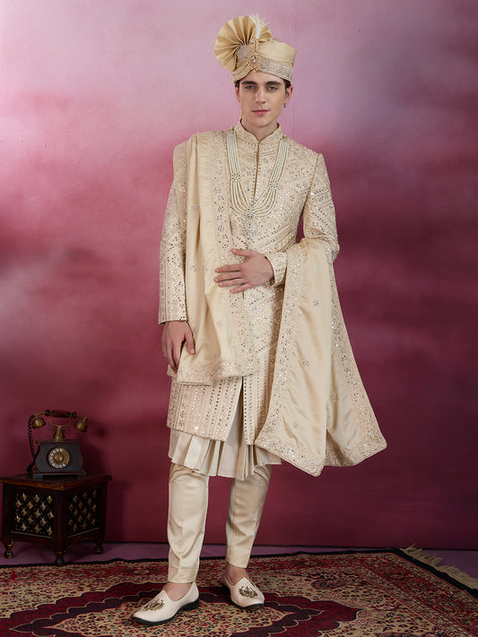 GOLDEN BEIGE HAND MIRROR WORK SHERWANI FOR GROOM