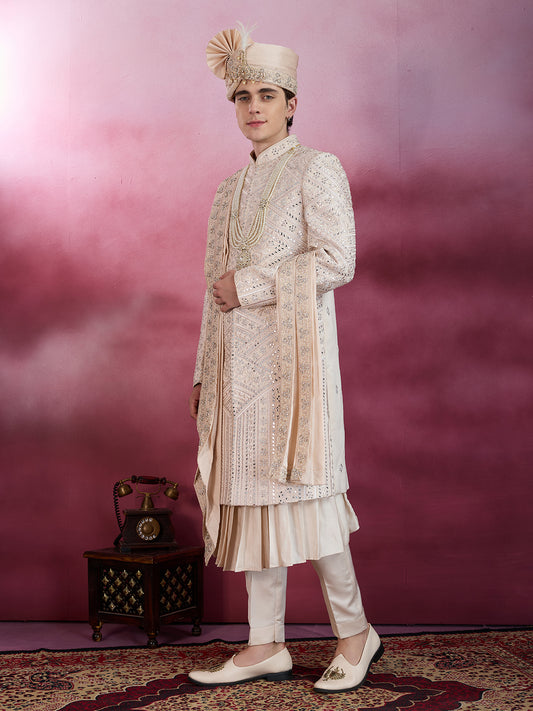 ROSE GOLD HAND MIRROR WORK SHERWANI FOR GROOM