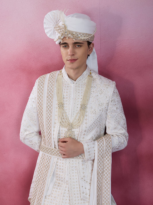 PRISTINE WHITE EMBROIDERY SHERWANI FOR GROOM