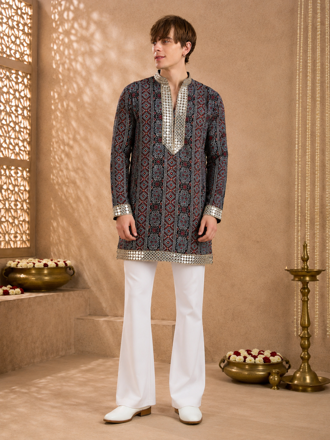 Midnight Black Geometric Mirror-Work Kurta Pant Set