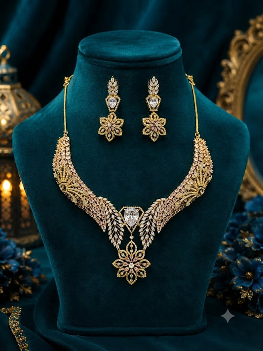 Royal Floral Diamond Choker Necklace & Earrings Set