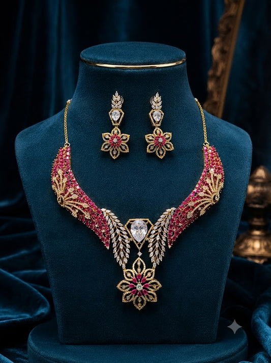Royal Ruby Floral Choker Necklace & Earrings Set