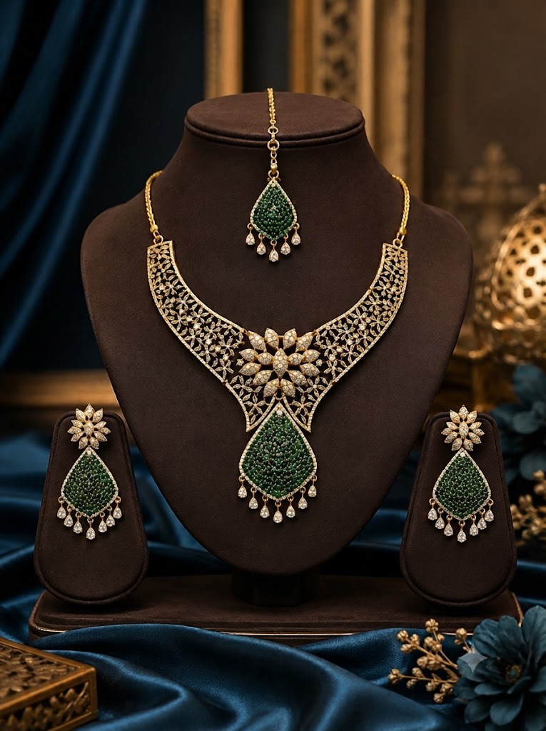 Emerald Green Kundan Choker Necklace, Earrings & Maang Tikka Set
