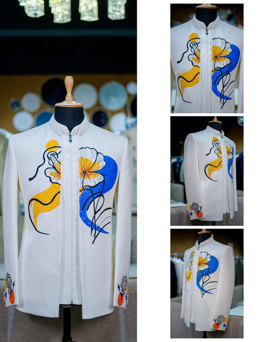 Floral Symphony Bandhgala (WHITE WITH YELLOW+BLUE PAINT)