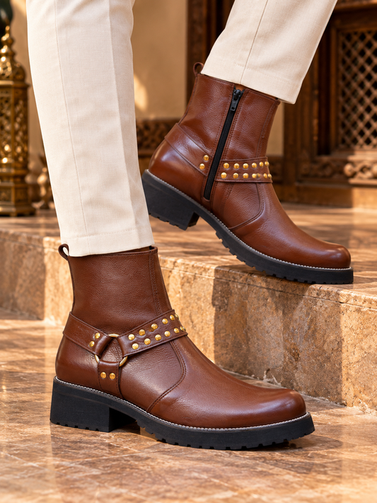Royal Cognac Studded Leather Ankle Boots
