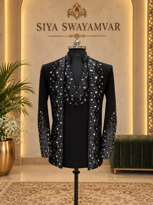 Black Crystal Mirage Designer Indo-Western Jacket Set for Men Product Description
