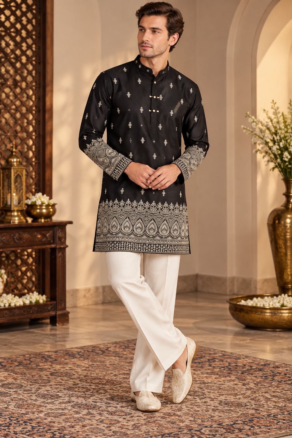 Black Regal Embroidered Silk Kurta Set