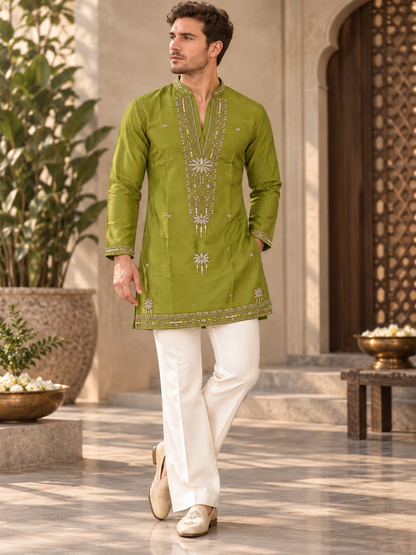 Olive Green Zari Embroidered Silk Kurta Set