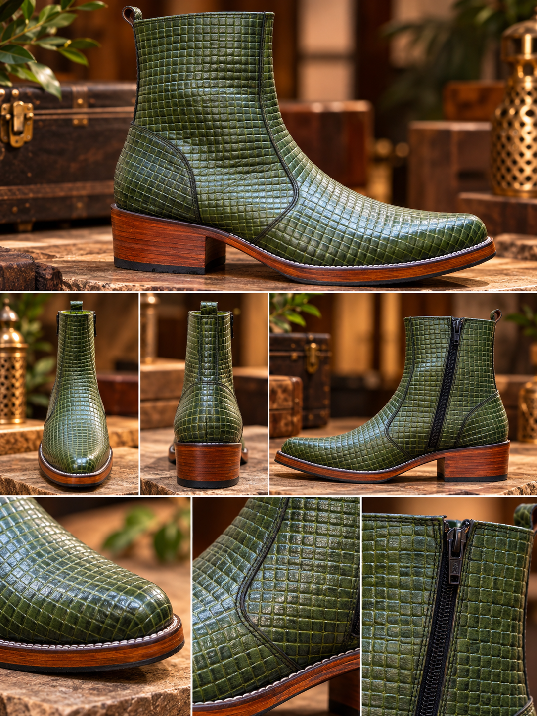 Olive Royale Crocodile-Texture Leather Ankle Boots