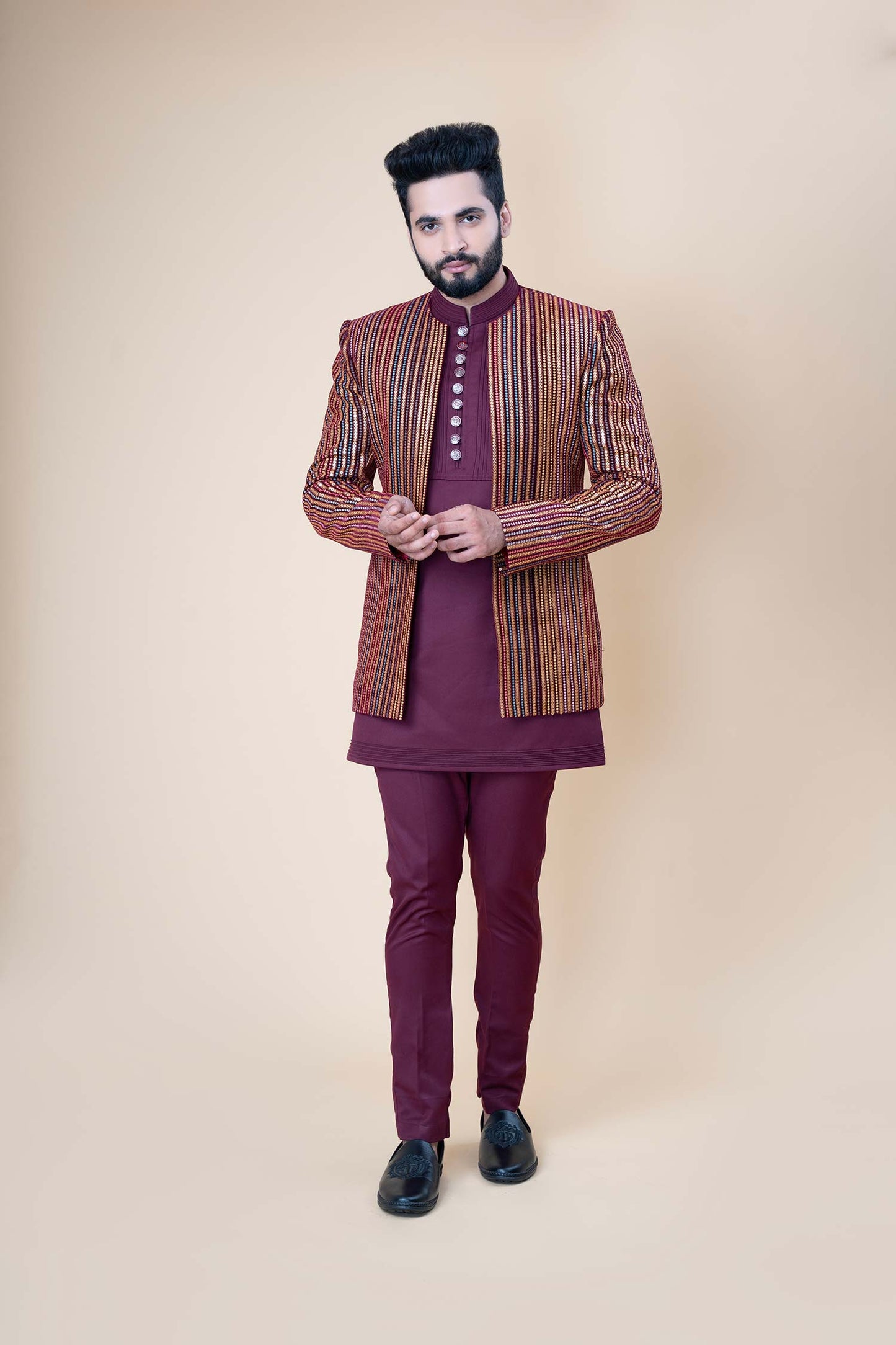 Maroon Royal Striped Indo-Western Sherwani