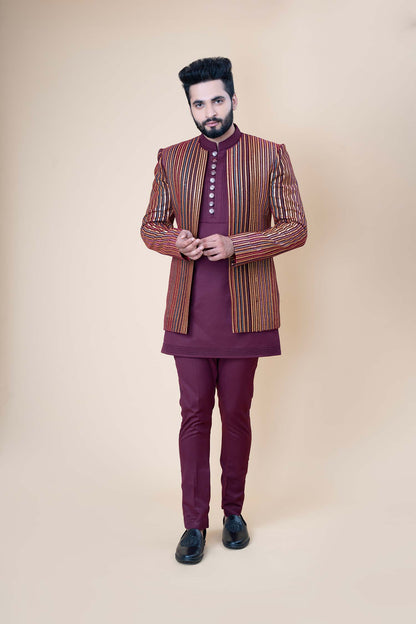 Maroon Royal Striped Indo-Western Sherwani