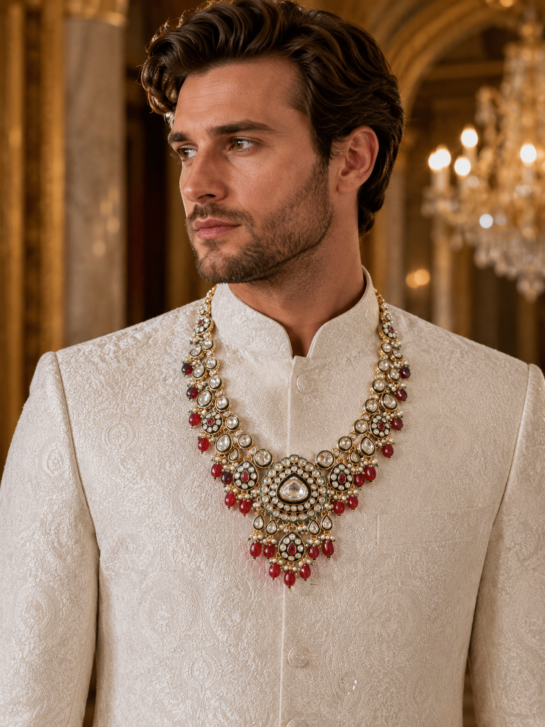 Royal Ruby Emerald Kundan Groom Mala